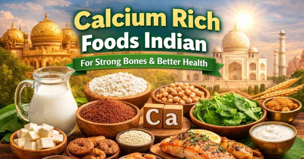 Calcium rich foods Indian with milk, paneer, ragi, and nuts for strong bones