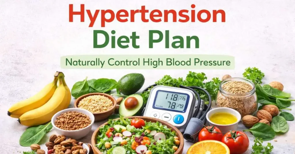 Hypertension diet plan with healthy foods and BP monitor