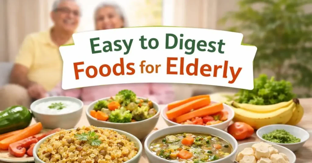 Easy to digest foods for elderly like khichdi, soup, and soft vegetables