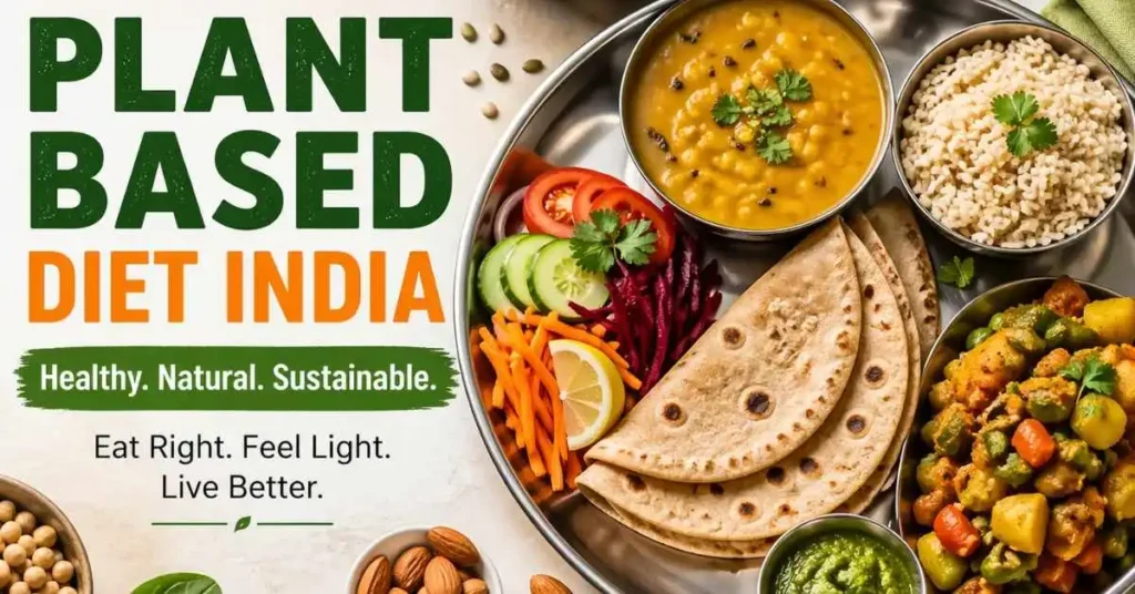 Plant based diet India healthy thali with dal roti and vegetables