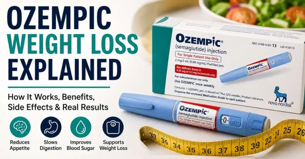 Ozempic weight loss explained with injection pen and measuring tape