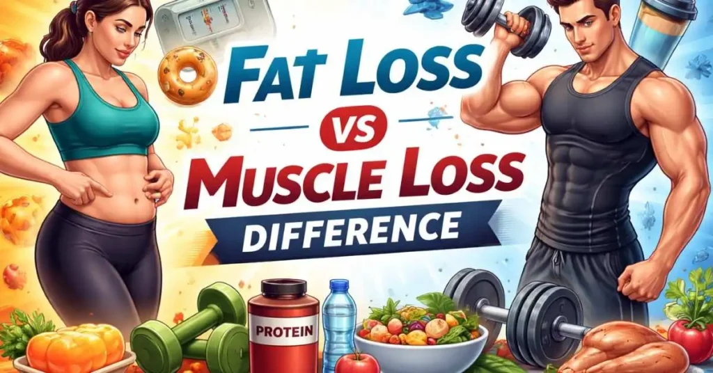 Fat loss vs muscle loss difference illustration with fitness and nutrition comparison