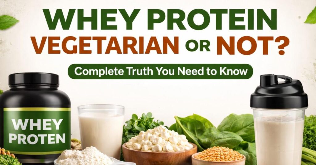 Whey protein vegetarian or not with milk, whey powder and vegetarian foods