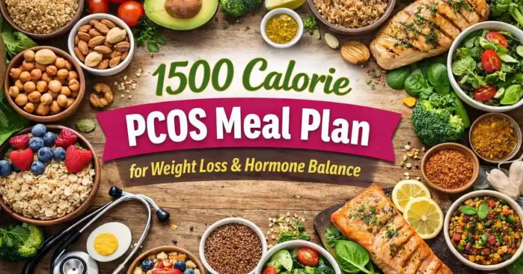 1500 calorie PCOS meal plan with healthy foods for weight loss and hormone balance