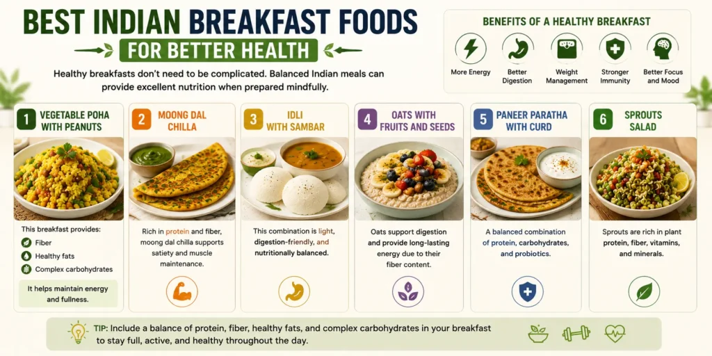 Best Indian breakfast foods for better health including poha, moong dal chilla, idli, oats, paneer paratha, and sprouts salad