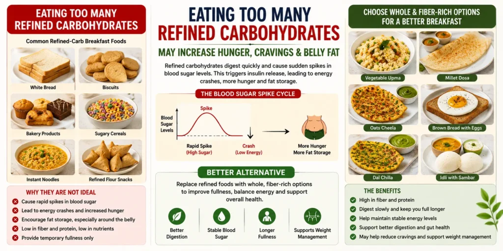Indian Breakfast Mistakes like refined carbohydrates that may increase cravings, belly fat, and blood sugar spikes