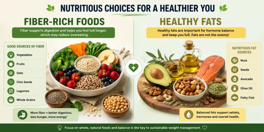 Fiber-rich foods and healthy fats for weight loss infographic