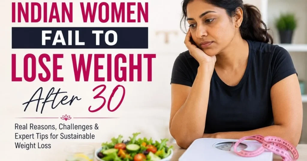 Indian woman struggling to lose weight after 30 with healthy lifestyle and weight loss concept image