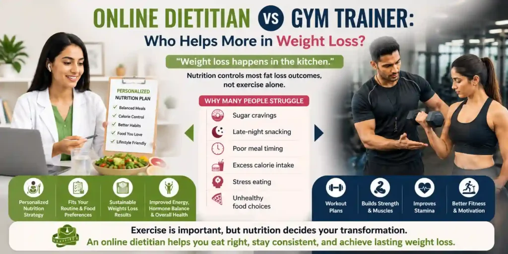 Online Dietitian vs Gym Trainer for sustainable weight loss, nutrition planning, and fitness transformation