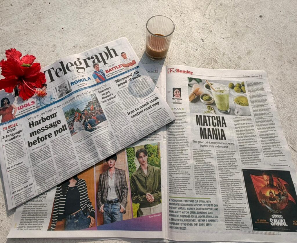 Priyanka Shah featured in The Telegraph Matcha Mania article flatlay
