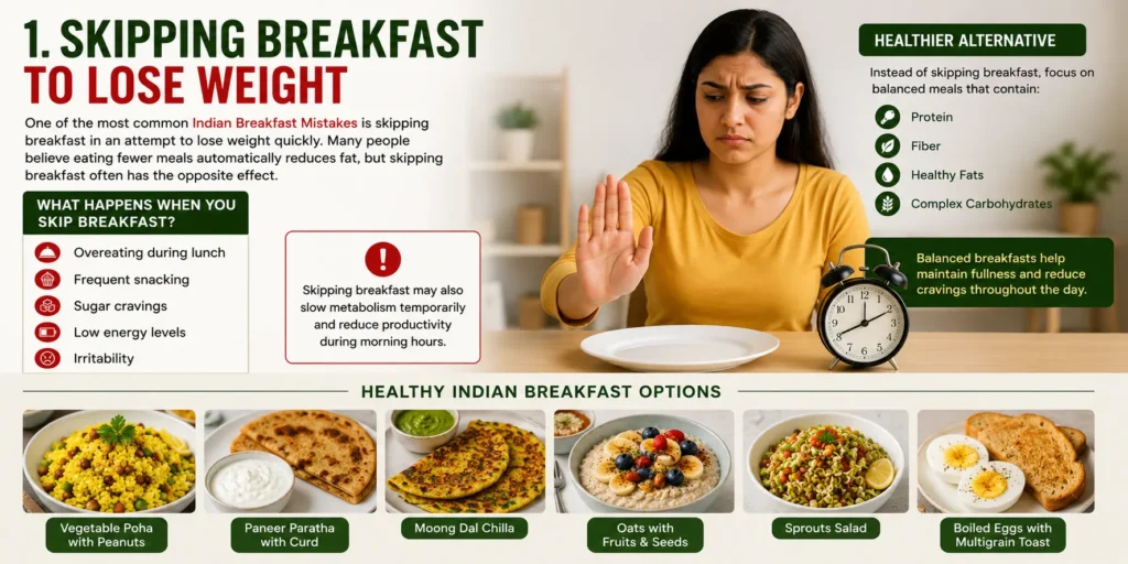 Indian Breakfast Mistakes like skipping breakfast that may increase cravings, low energy, and belly fat