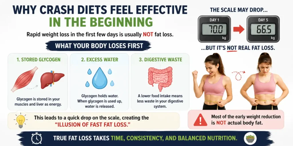 Why crash diets feel effective in the beginning due to water weight loss