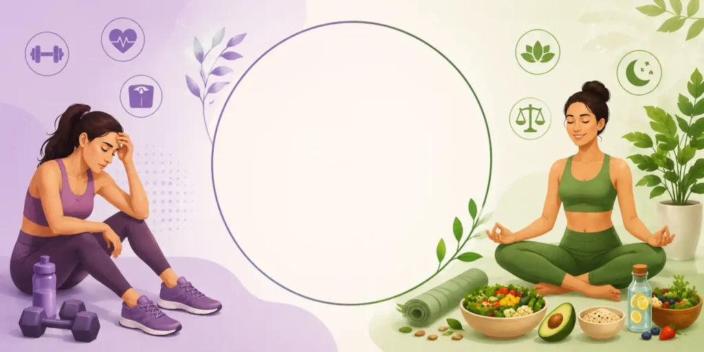 Woman struggling with PCOS weight loss through exercise and healthy lifestyle balance