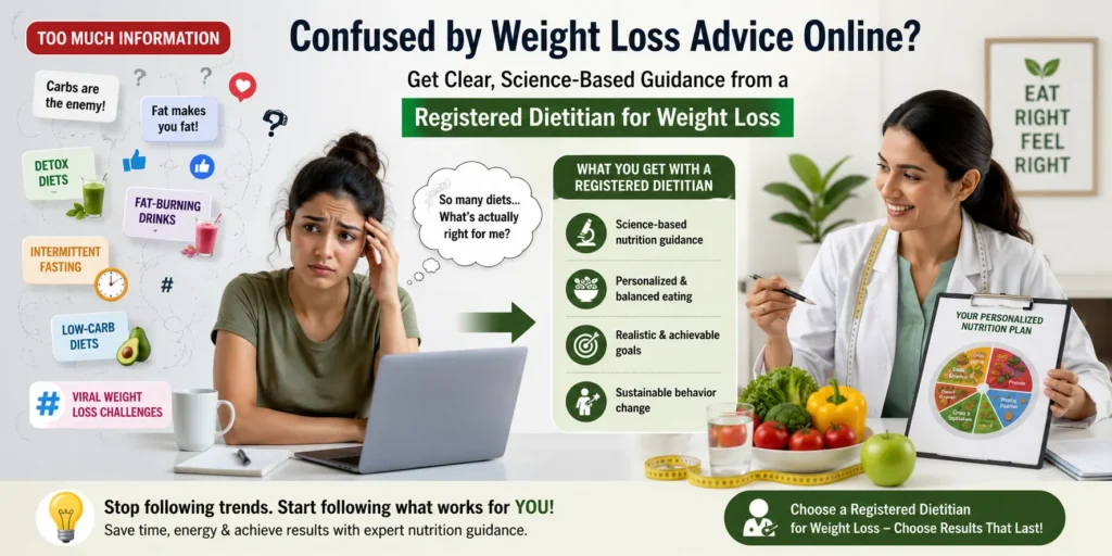 Registered Dietitian for Weight Loss explaining healthy nutrition choices and debunking confusing online diet trends
