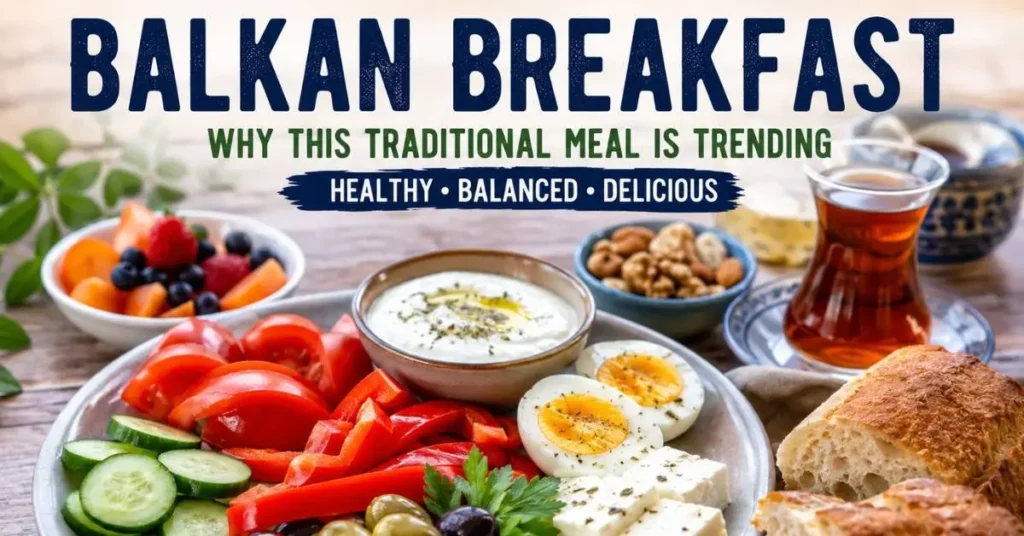 Healthy Balkan breakfast with eggs, vegetables, cheese, and bread